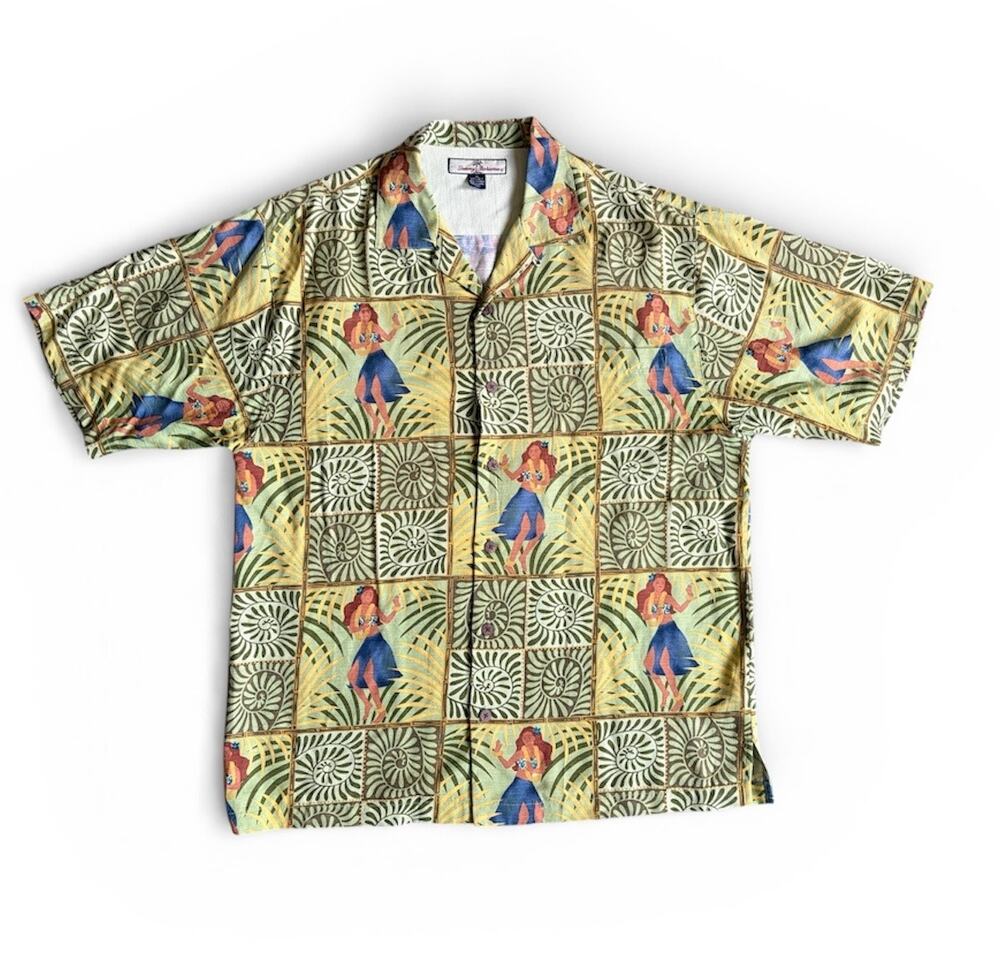 Tommy Bahama 100% Silk Hula Dancer Hawaiian Aloha Casual Collared Button Up Sz M